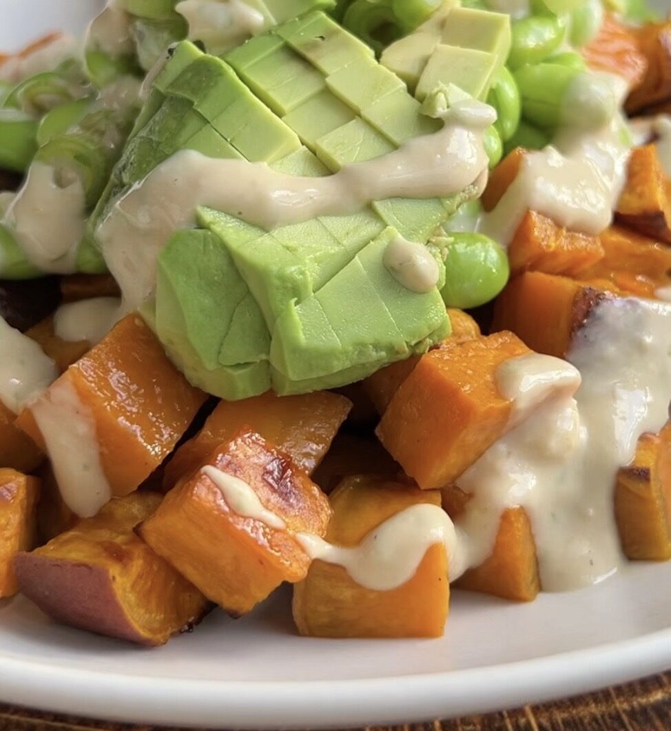 Sweet Potato Edamame and Avocado Salad with Ginger Lime Miso Tahini Dressing