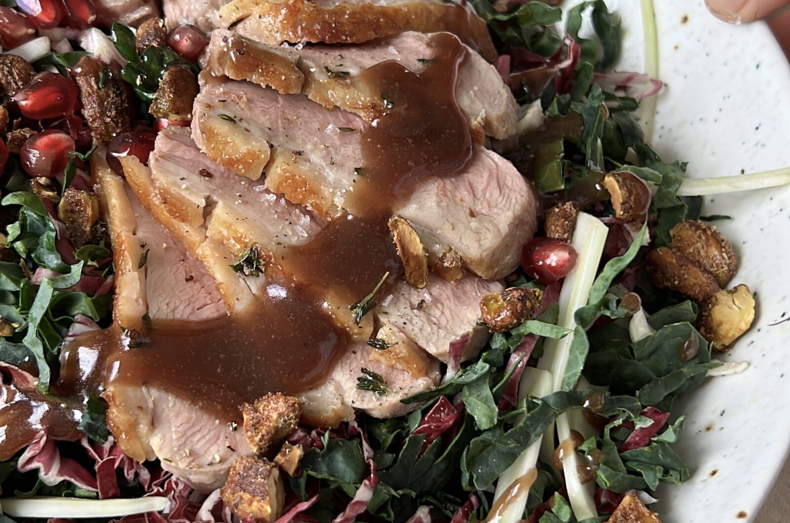 Crispy Duck Salad with Kale Fennel Candied Pistachios and Pomegranate Vinaigrette