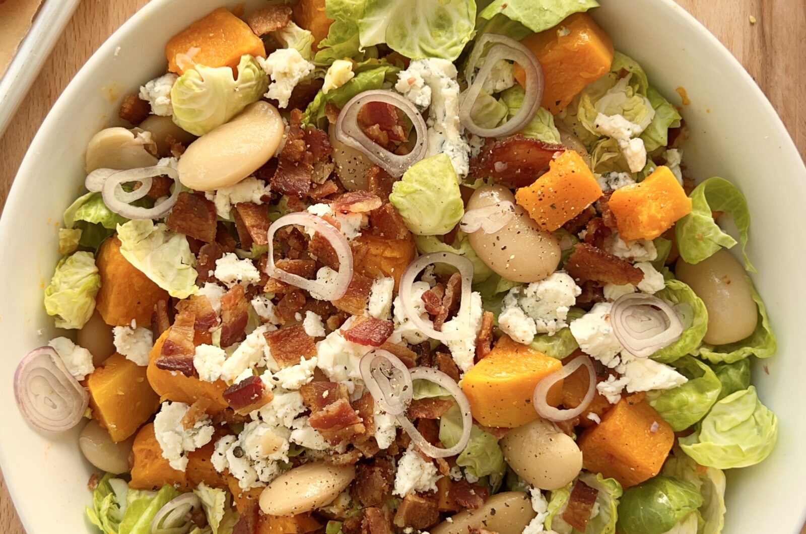 Butternut Squash and Smashed Brussels Sprout Salad with Beans Bacon and Blue Cheese (& Balsamic Vinaigrette)
