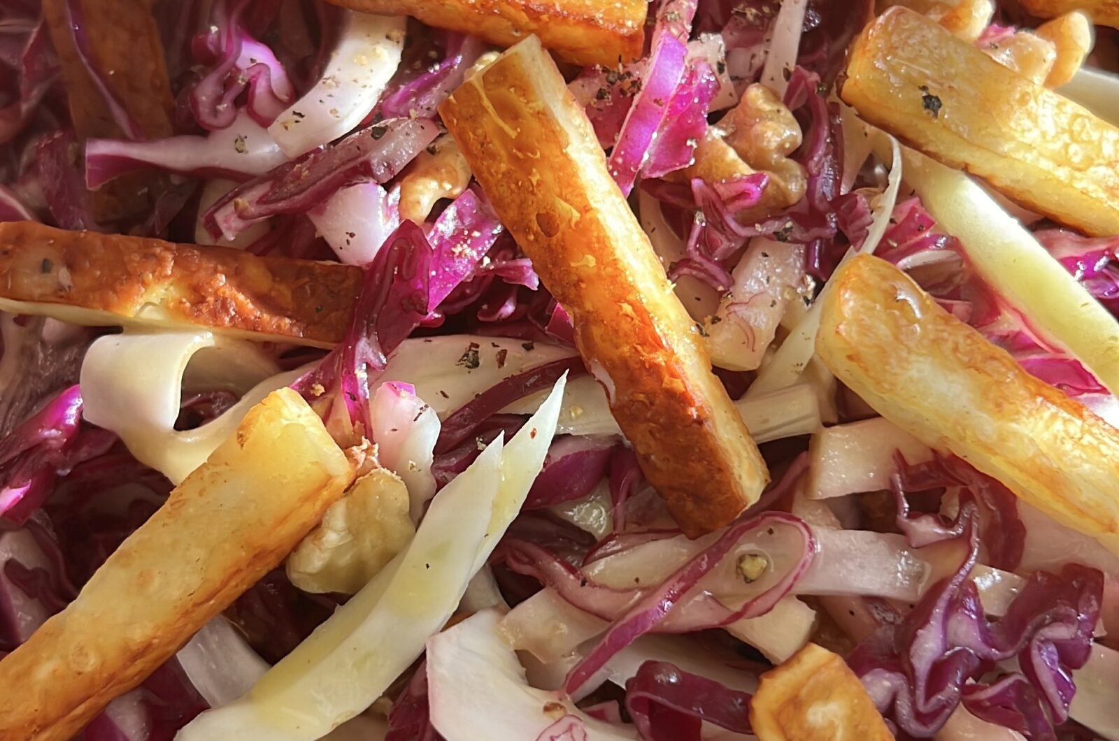 Red Cabbage Fennel and Apple Salad with Walnuts and Halloumi and Cider Vinaigrette